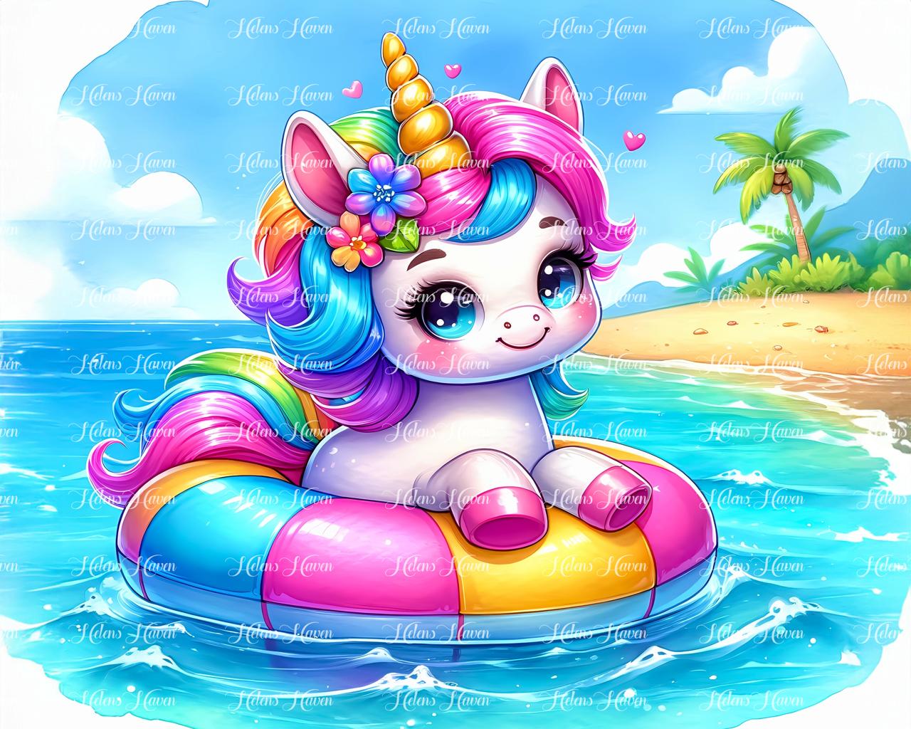 A baby unicorn floats happily in a bright-colored floater