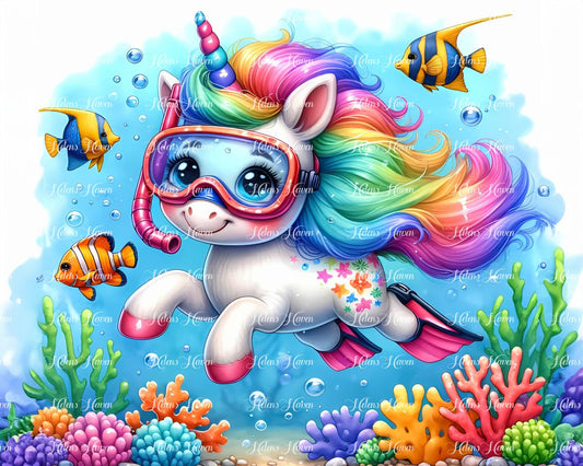 A baby unicorn, equipped with a tiny snorkel and mask, explores the shallow waters at the beach,