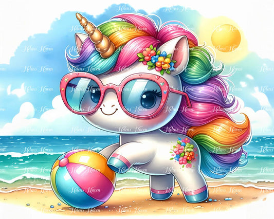 A baby unicorn frolics at the beach, playfully batting a colorful ball with its tiny hooves. 