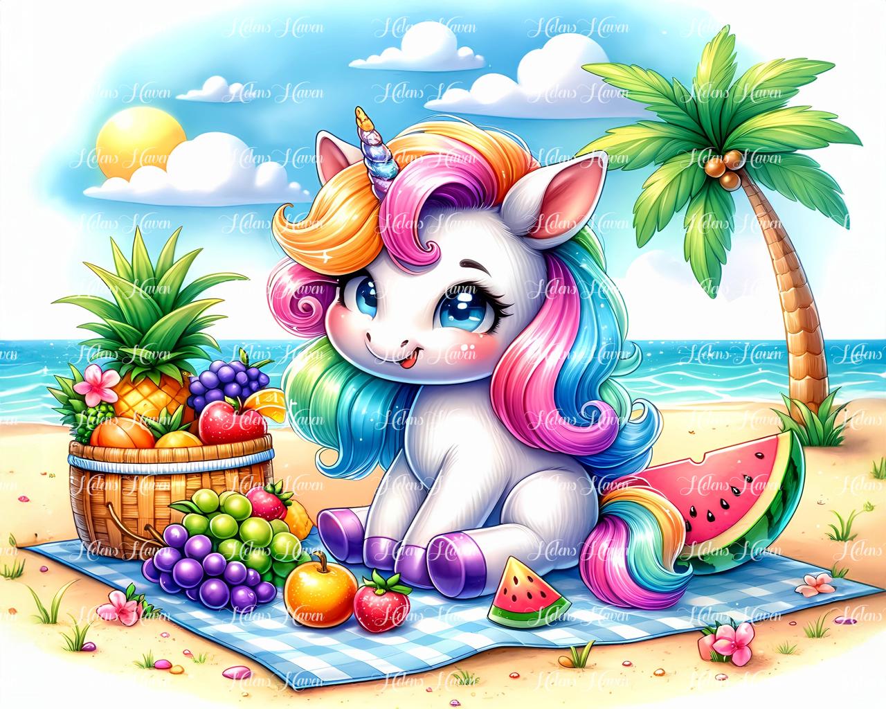 A baby unicorn enjoys a picnic at the beach 