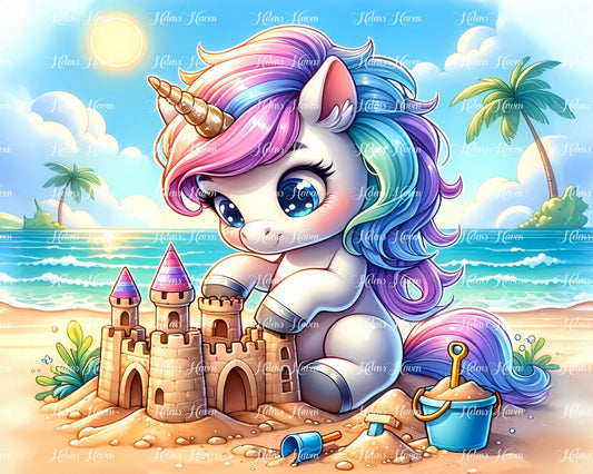 A baby unicorn delicately sculpts a sandcastle on the beach