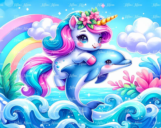 A baby unicorn rides gracefully atop a friendly dolphin 