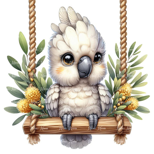 A baby cockatoo perches delicately on a swing