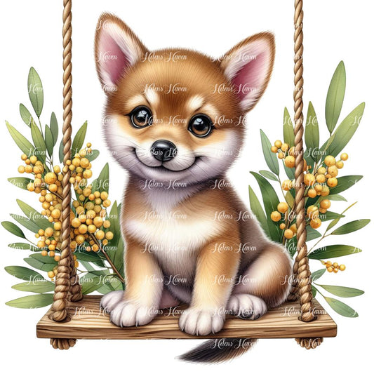 An Aussie baby dingo sits proudly on a swing