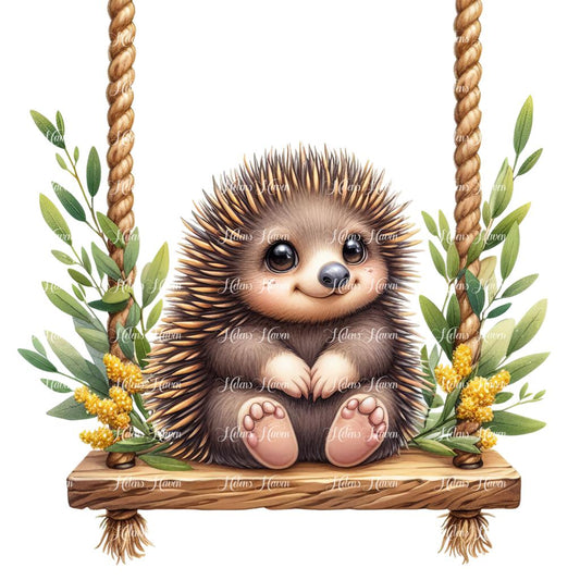 A baby echidna clings snugly to a swing