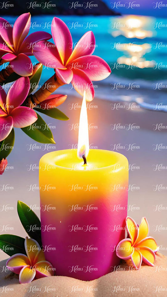 Pink and yellow lit candle on a beach at night