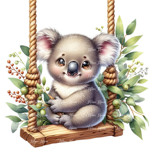 A baby koala cuddles comfortably on a swing