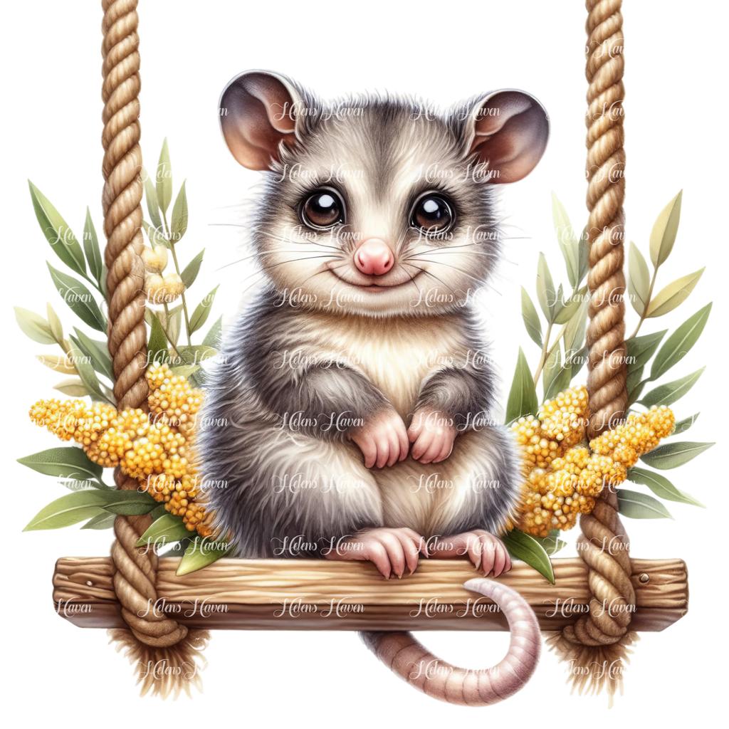 A baby possum clings playfully to a swing