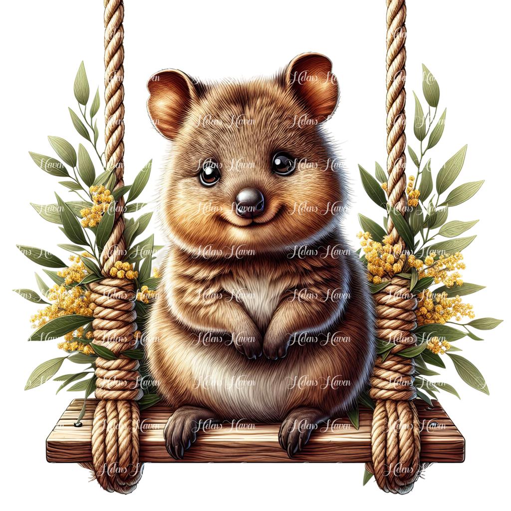 A baby quokka sits snugly on a swing