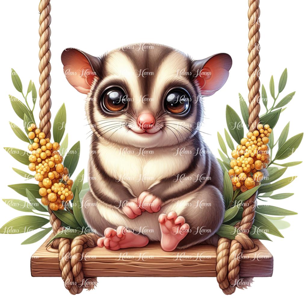 A baby sugar glider clings softly to a swing