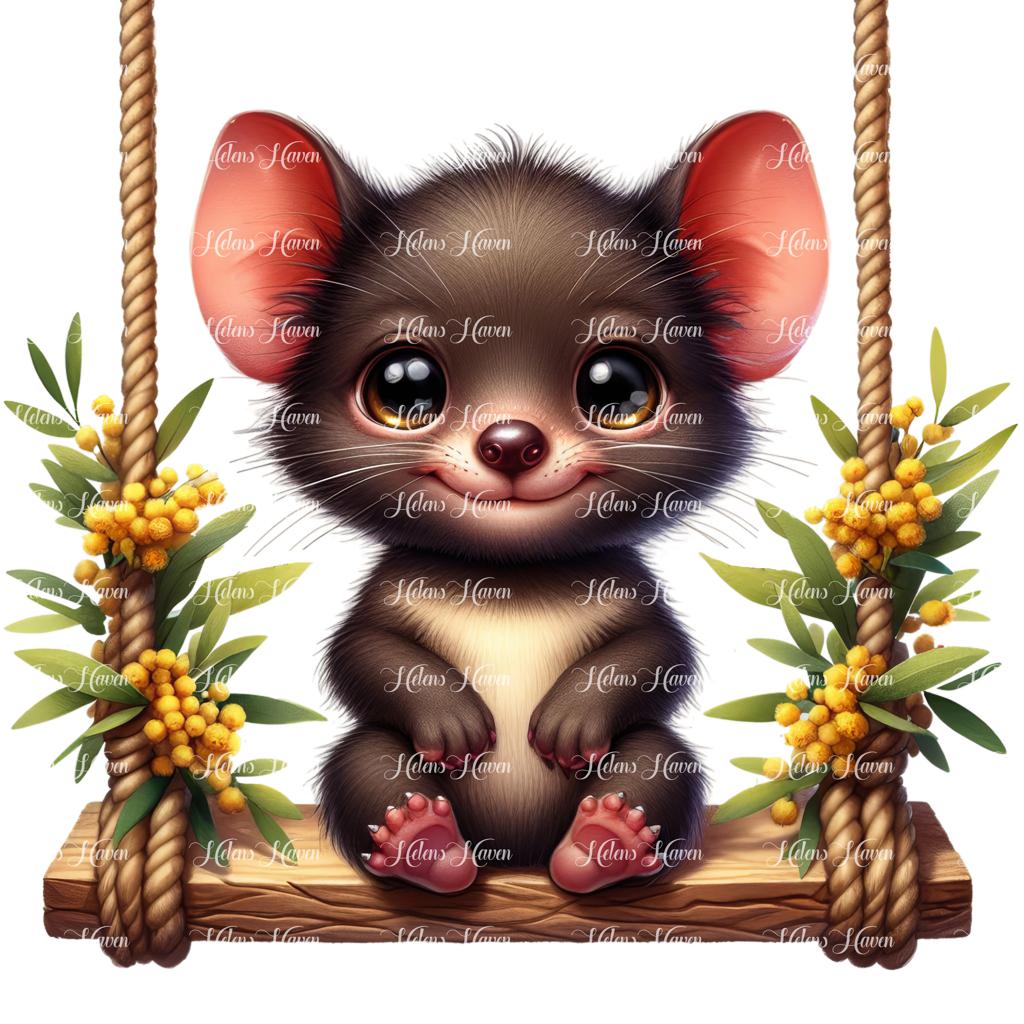 A baby Tasmanian devil clings eagerly to a swing