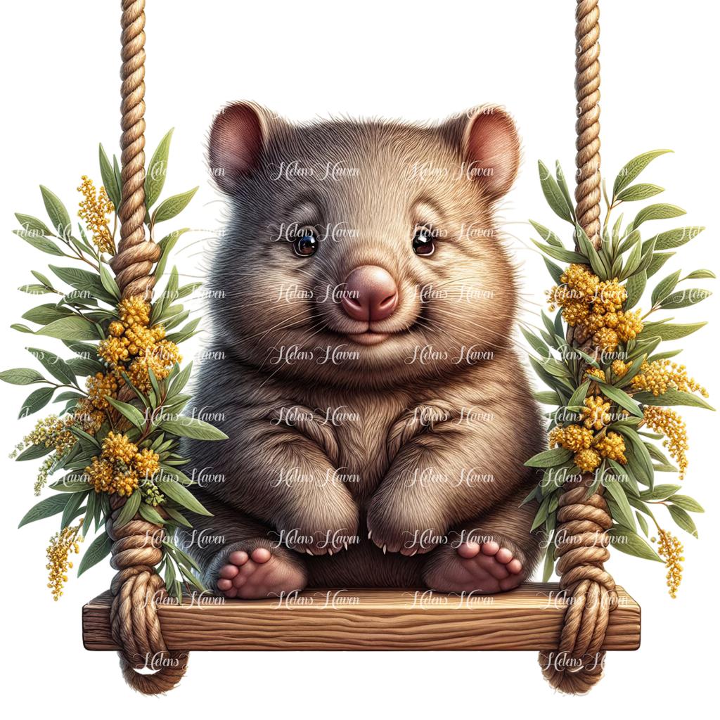 A baby wombat rests comfortably on a swing