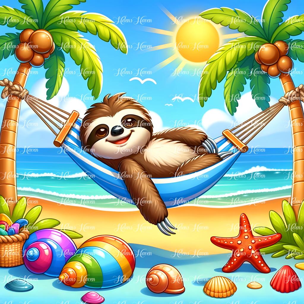 A sloth lounges lazily on a hammock at the beach