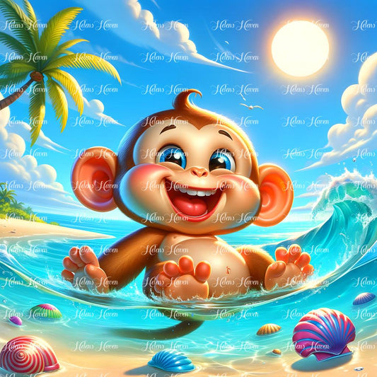 A floating baby monkey drifts serenely on the calm waves at the beach