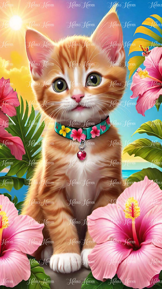 Ginger kitten topical flower scene