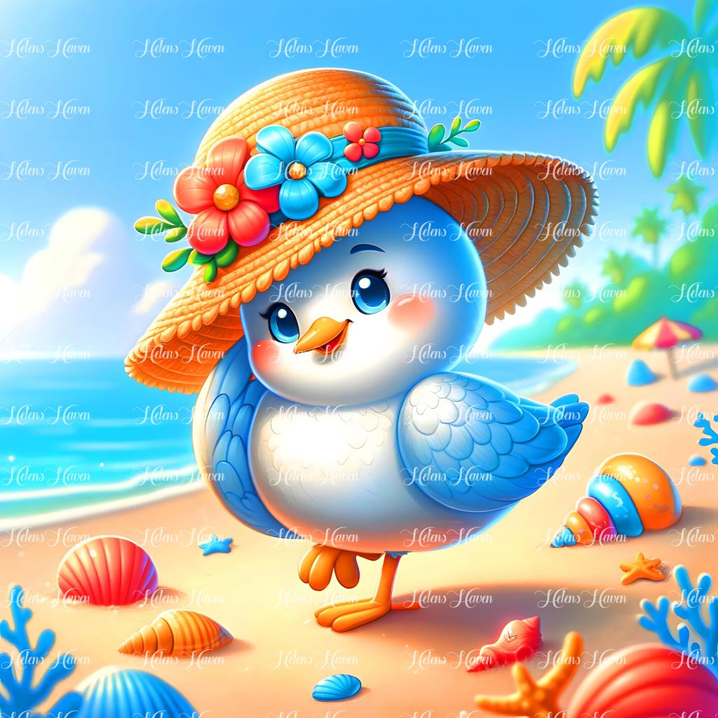 A blue bird perches gracefully at the beach wearing a straw hat