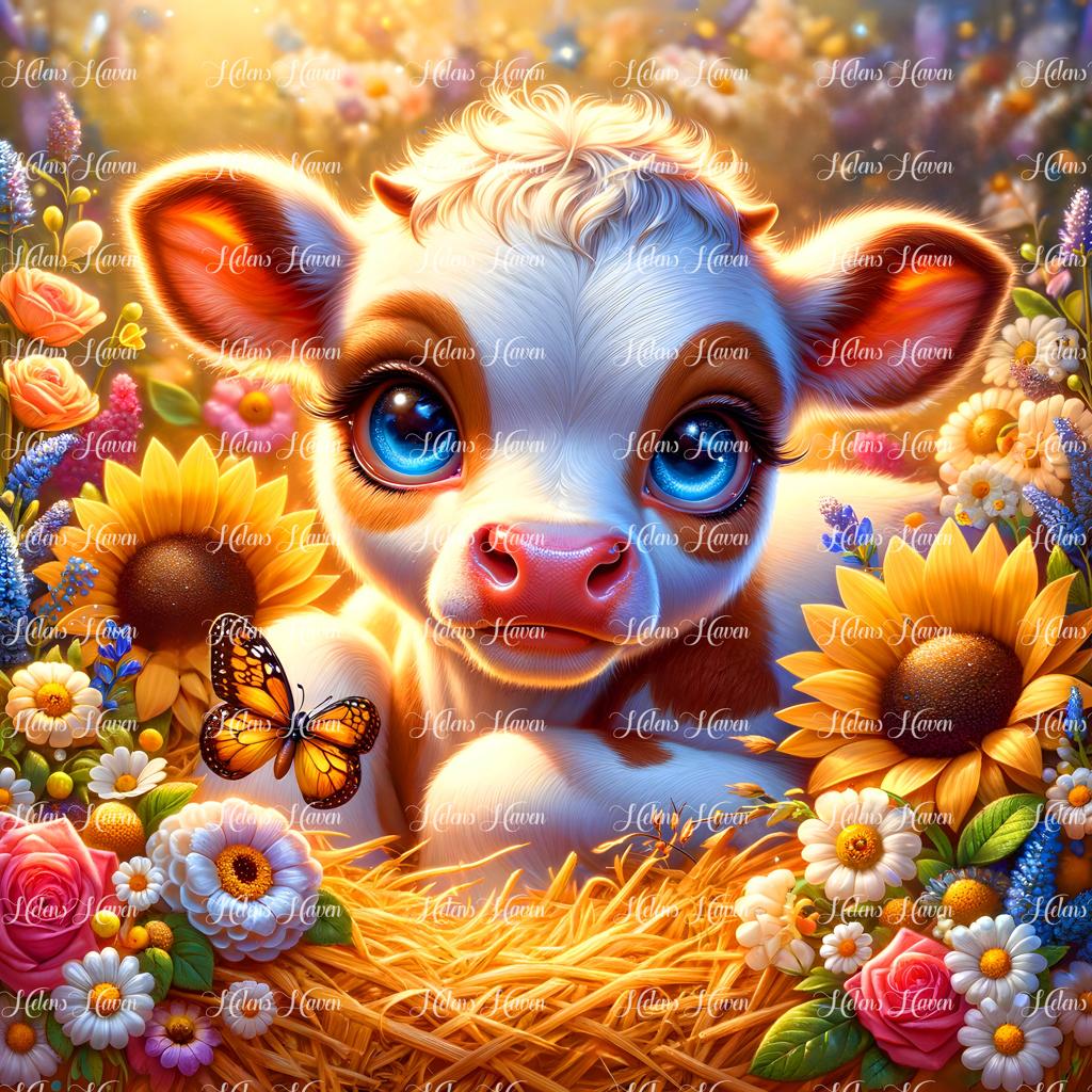 A contented calf nestles in a bed of fragrant hay, surrounded by a sea of golden sunflowers