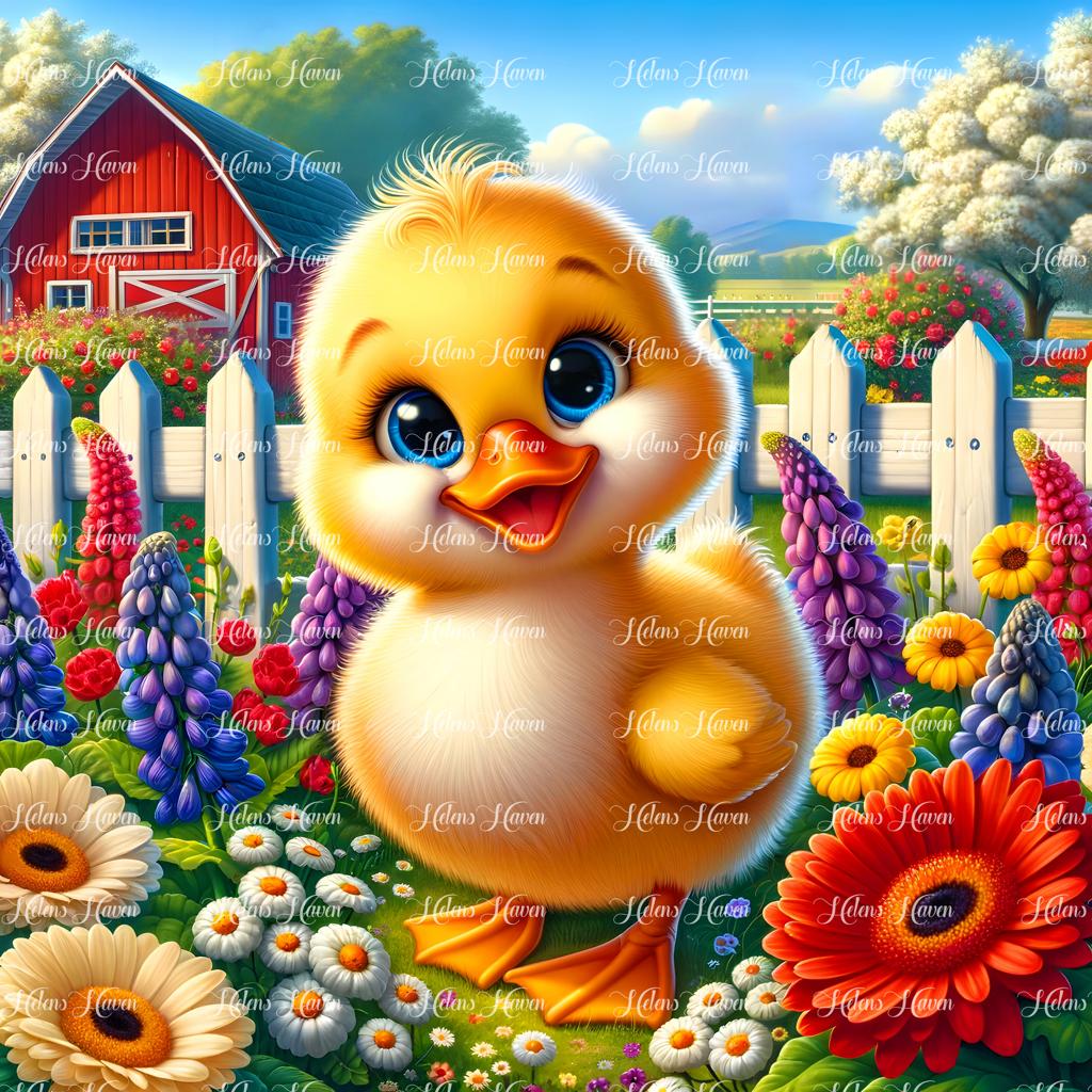 A cute yellow duckling waddles happily around the farmyard