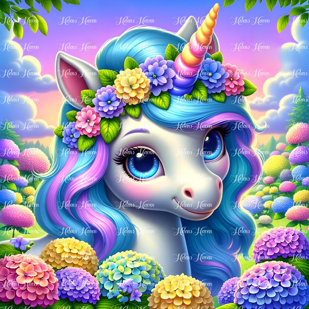 A smiling baby unicorn stands amidst a vibrant array of flowers