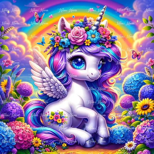 A purple-winged baby unicorn sits serenely among a bed of blooming flowers