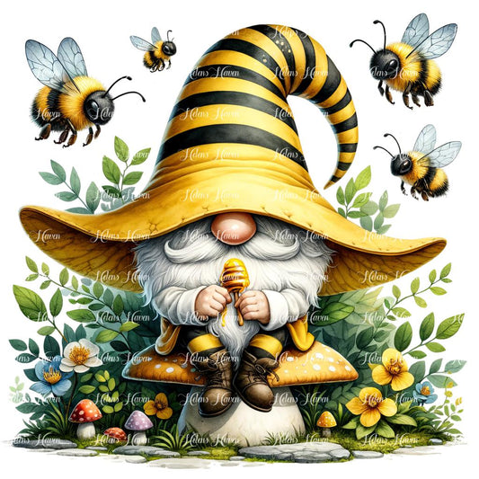 Perched atop a mushroom, a bee gnome sits surrounded by a circle of his buzzing bee friends