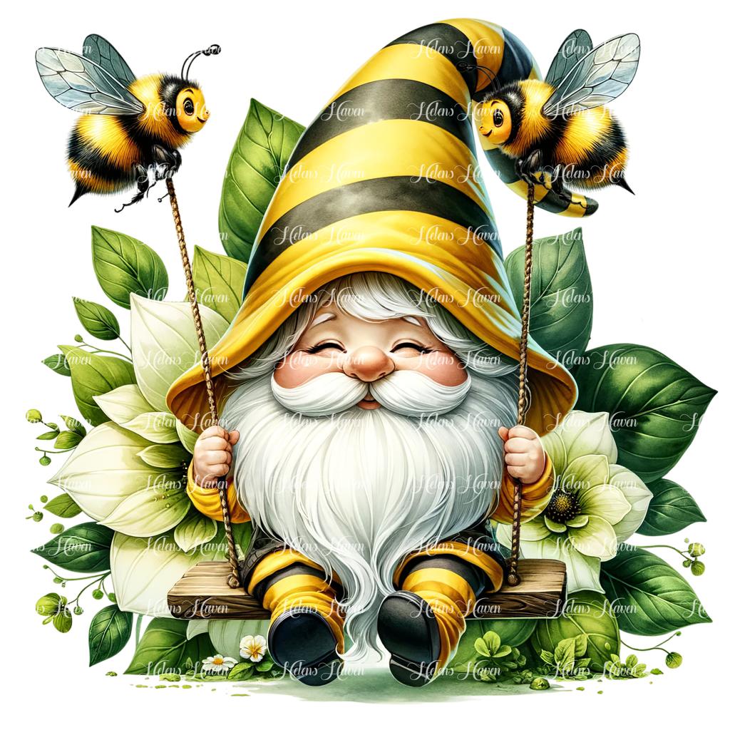 A gnome bee sits happily on a swing, flanked by two bee friends who hold the ropes for him