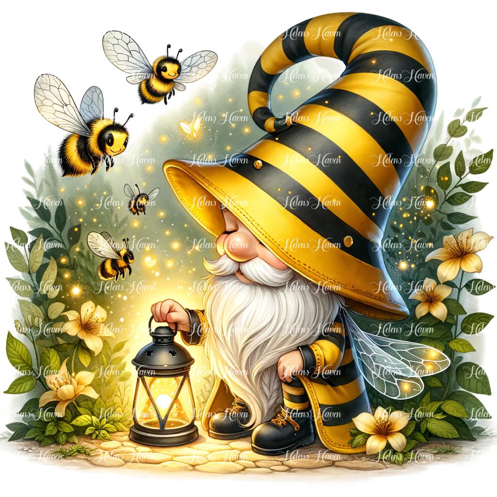 In the soft glow of dusk, a gnome bee stands with a lantern in hand, surrounded by his bee friends