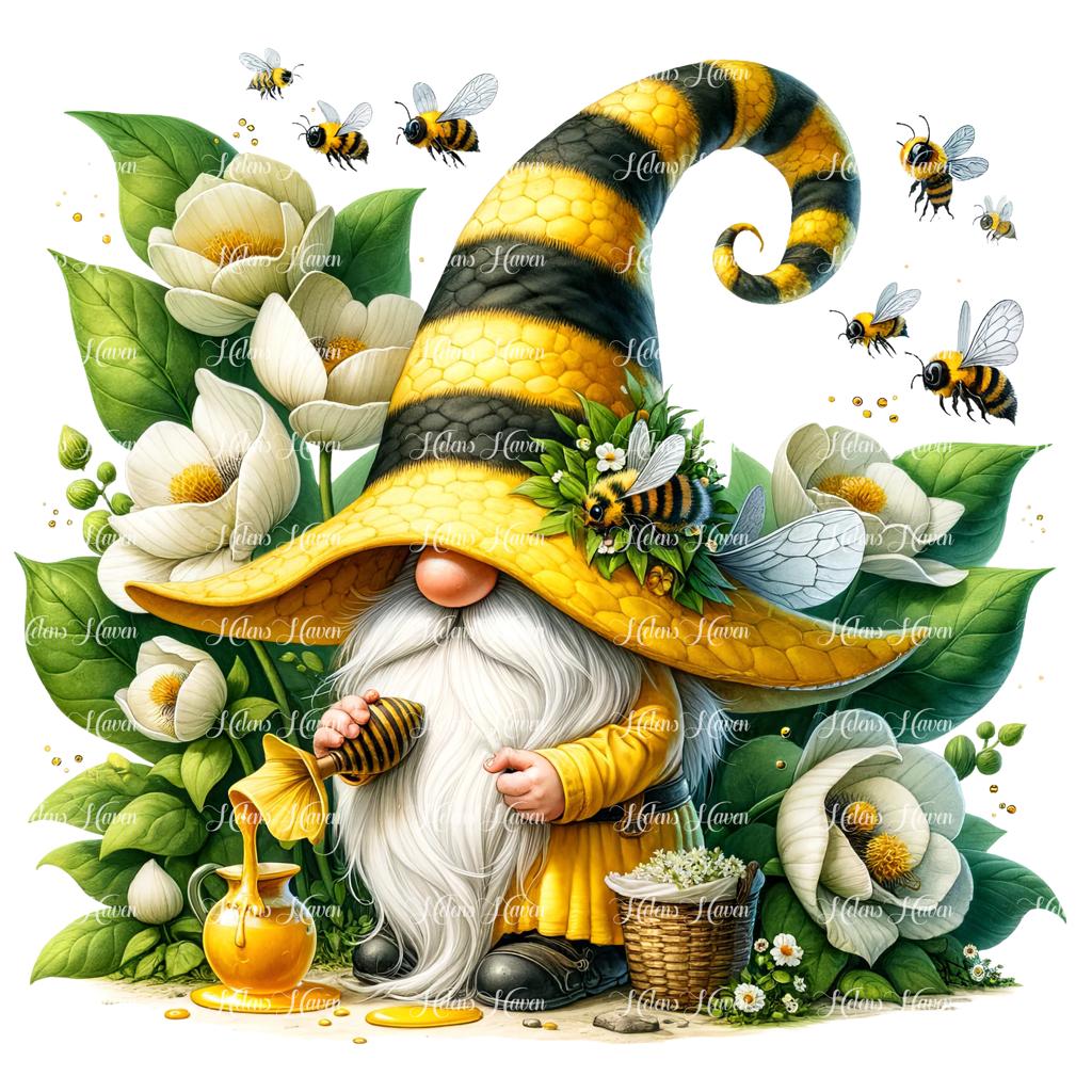 A bee gnome delicately pours honey into a glass jar