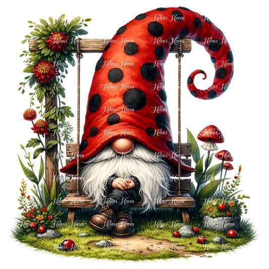 A ladybug gnome sits peacefully on a swing chair