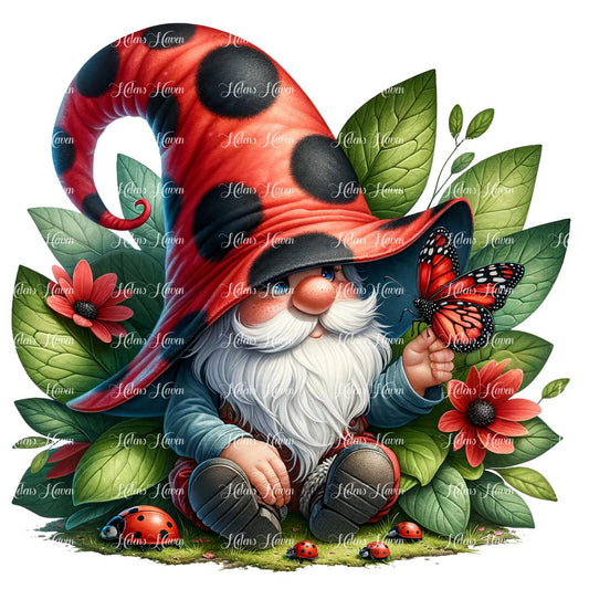 A male ladybug gnome sits surrounded by his cheerful ladybug friends