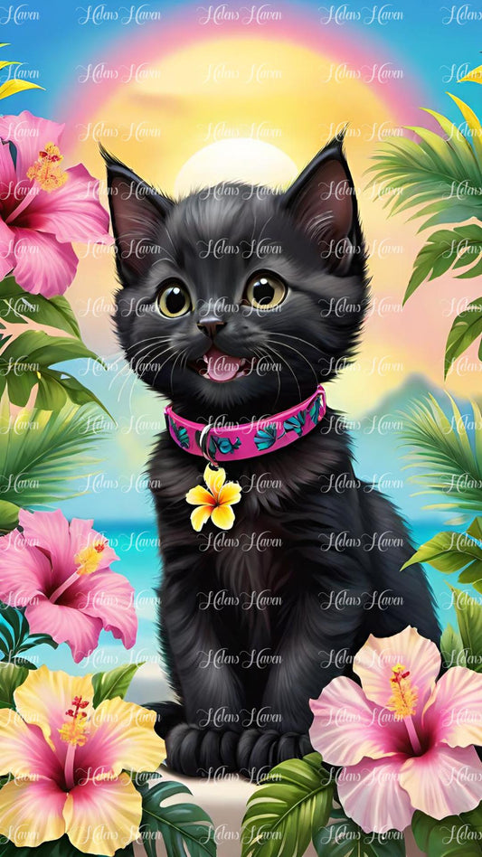 Black kitten in tropical flower setting