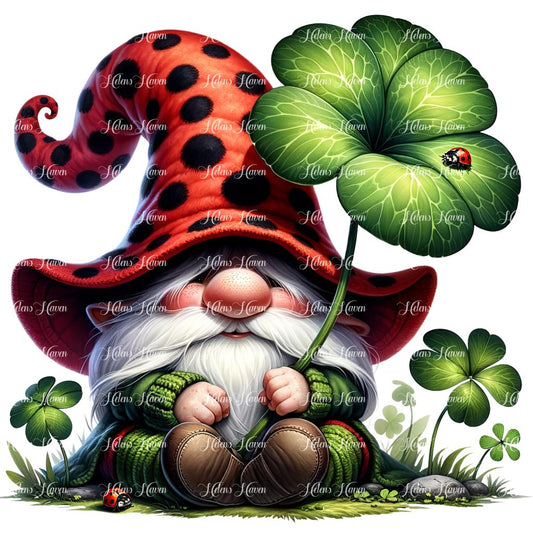 A gnome sits holding a clover leaf delicately in his hands, while his ladybug friend perches gracefully on the leaf beside him