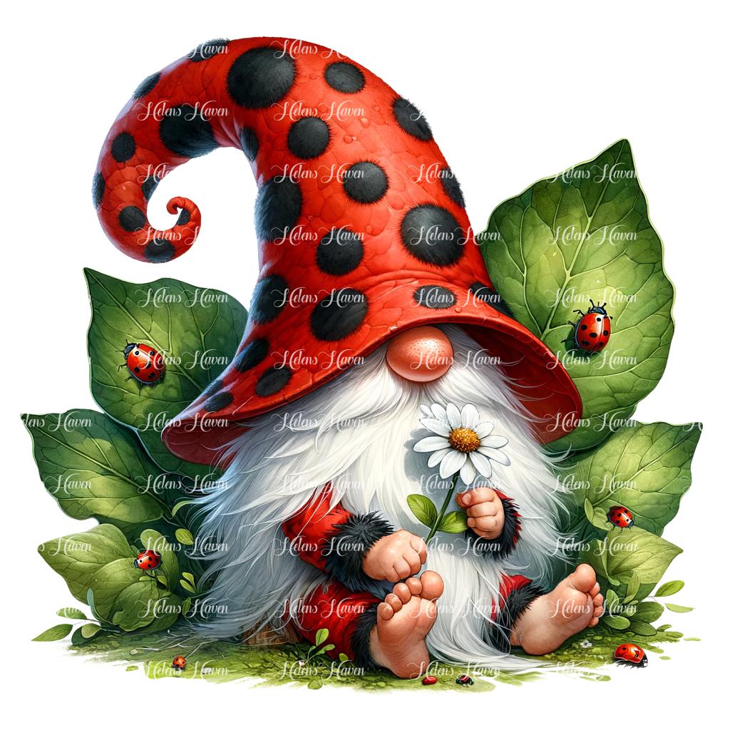 A male ladybug gnome sits holding a delicate daisy flower in his hands, 