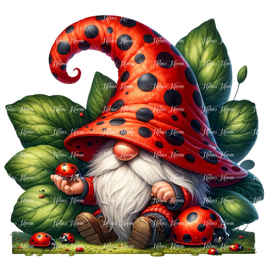 A gnome sits surrounded by his merry band of ladybug friend