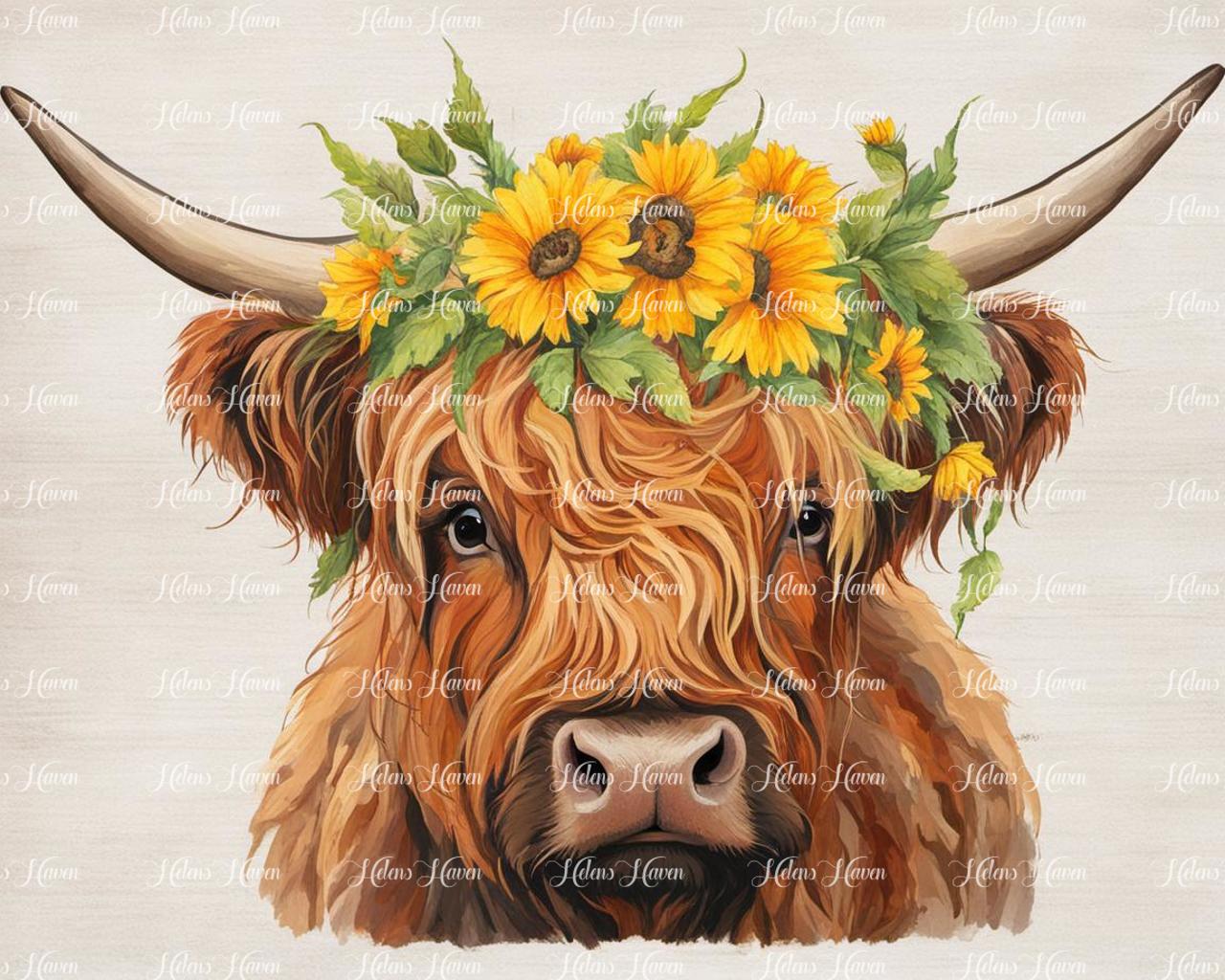 A Highland cow stands regally with its forehead with yellow flowers 