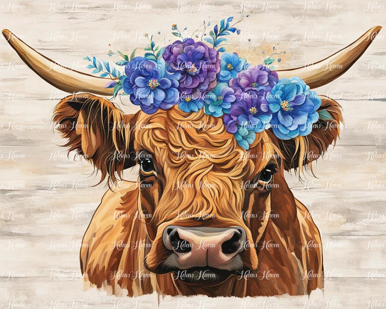 A Highland cow stands amidst a lush meadow, its proud form adorned with delicate blue flowers resting gracefully on its forehead