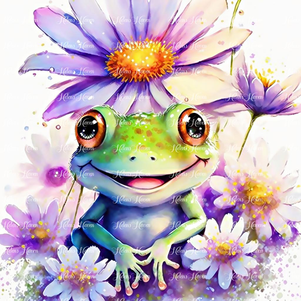 In a lush garden, a charming frog perches contentedly among a vibrant array of pretty purple and pink flowers. 