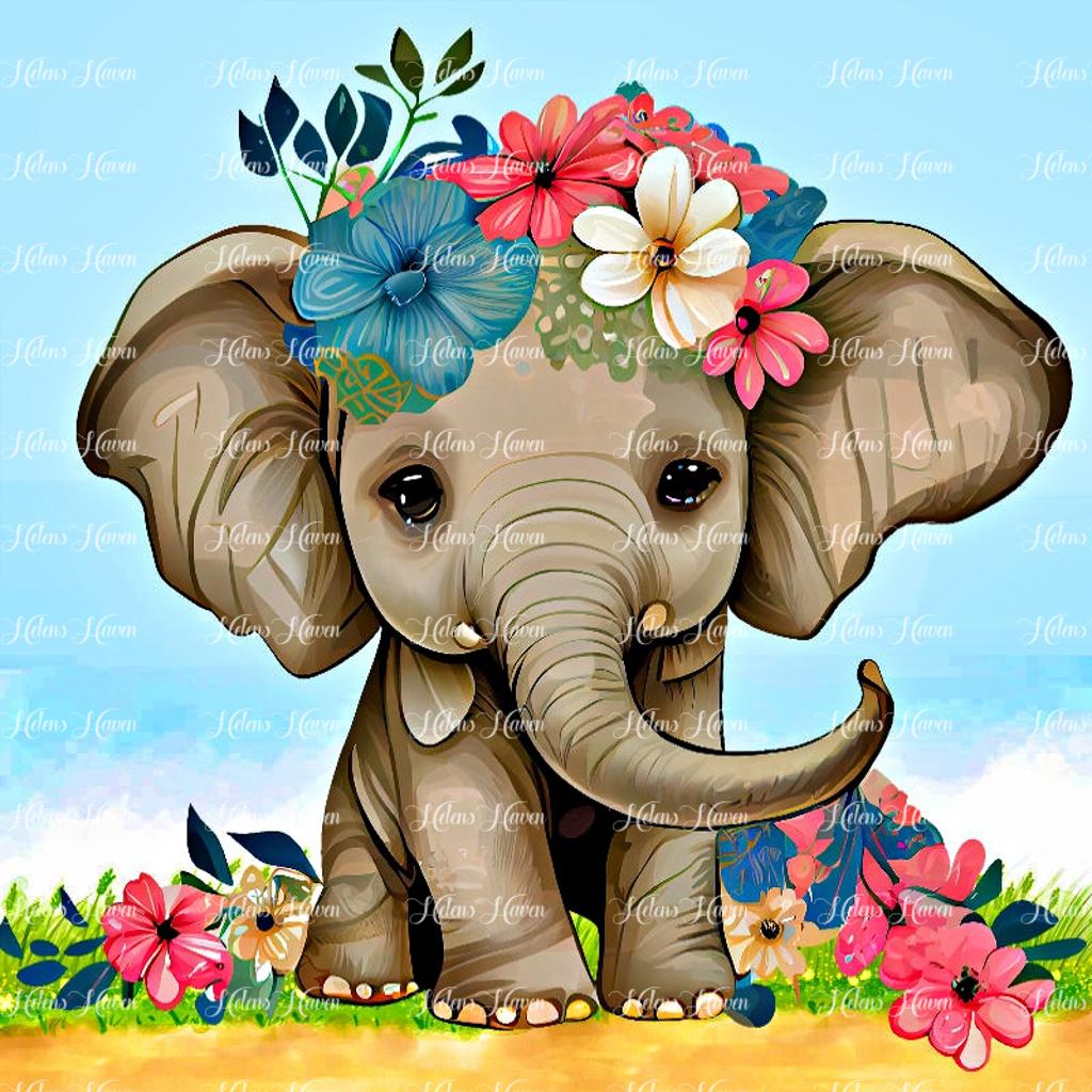 A cute baby elephant wanders playfully, adorned with colorful flowers delicately perched atop its head