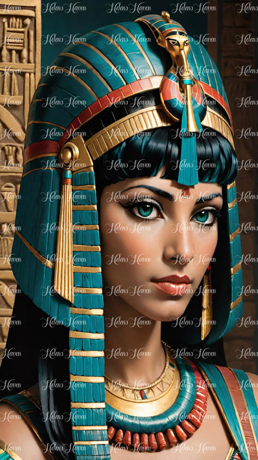 Cleopatra in teal and orange headgear