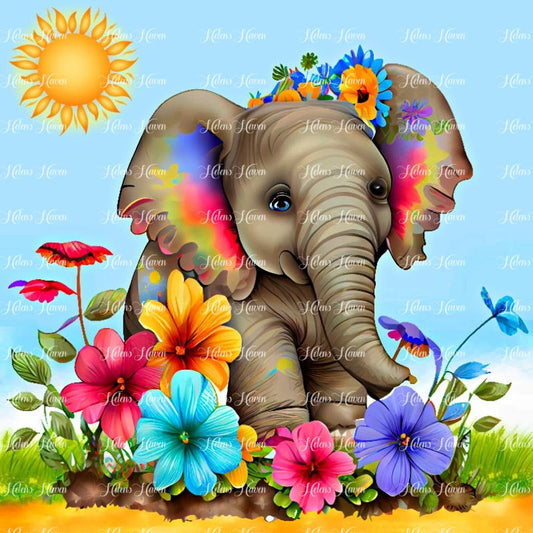 A flower baby elephant frolics joyfully among a vibrant carpet of blooming flowers.