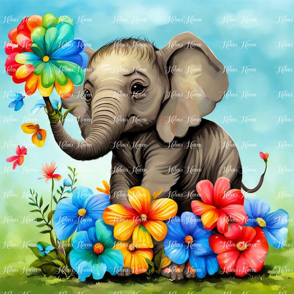 A flower baby elephant gently holds colorful blooms in its trunk, each petal delicately balanced