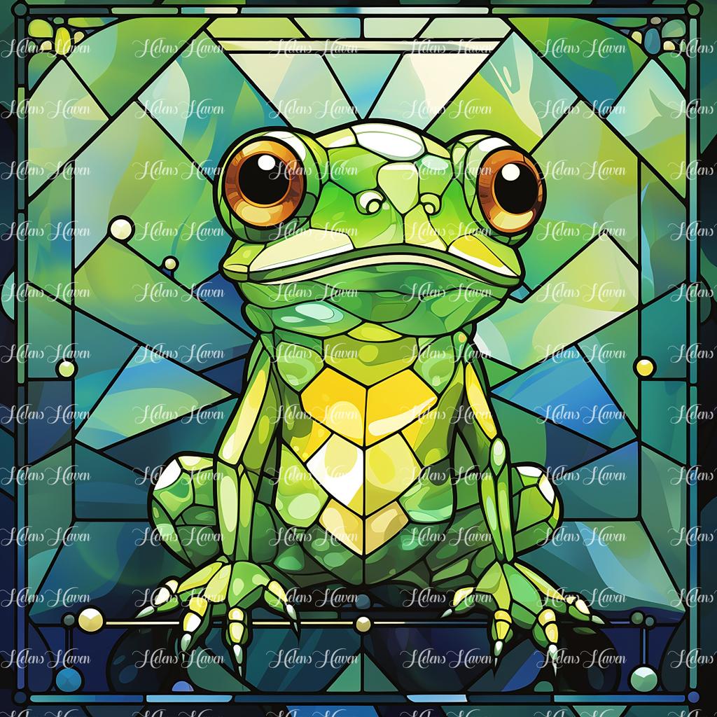 A stained glass panel featuring a vibrant green frog