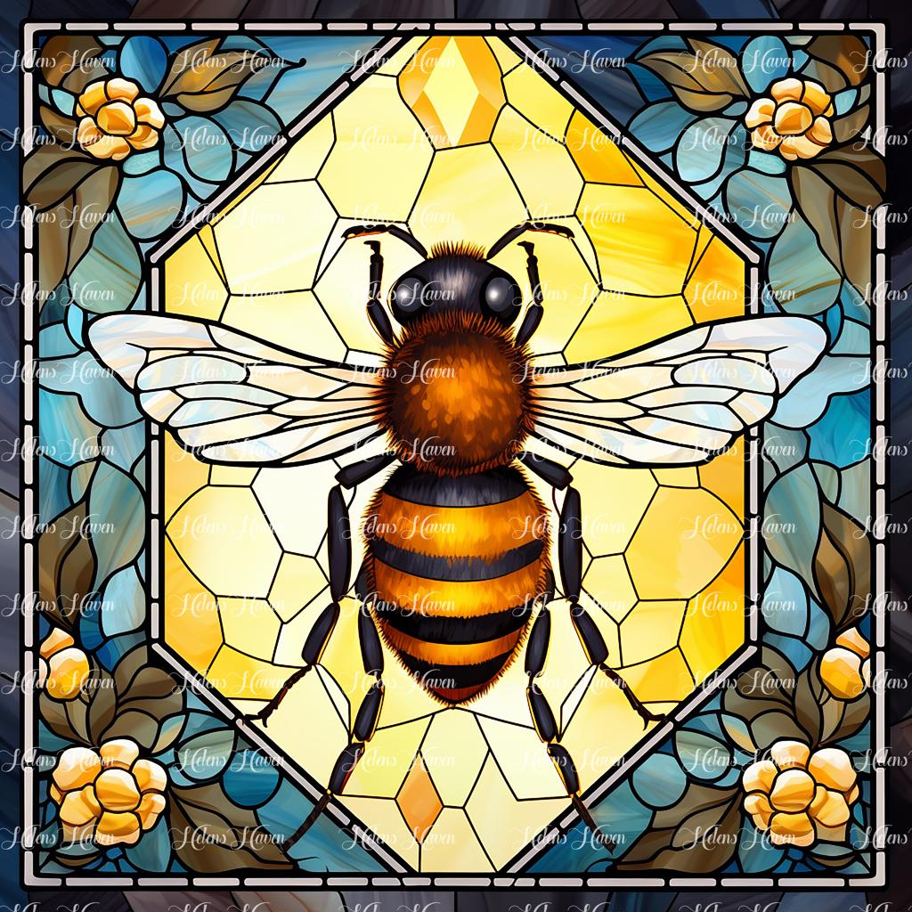 A stained glass bee glows with vibrant yellows and rich blacks