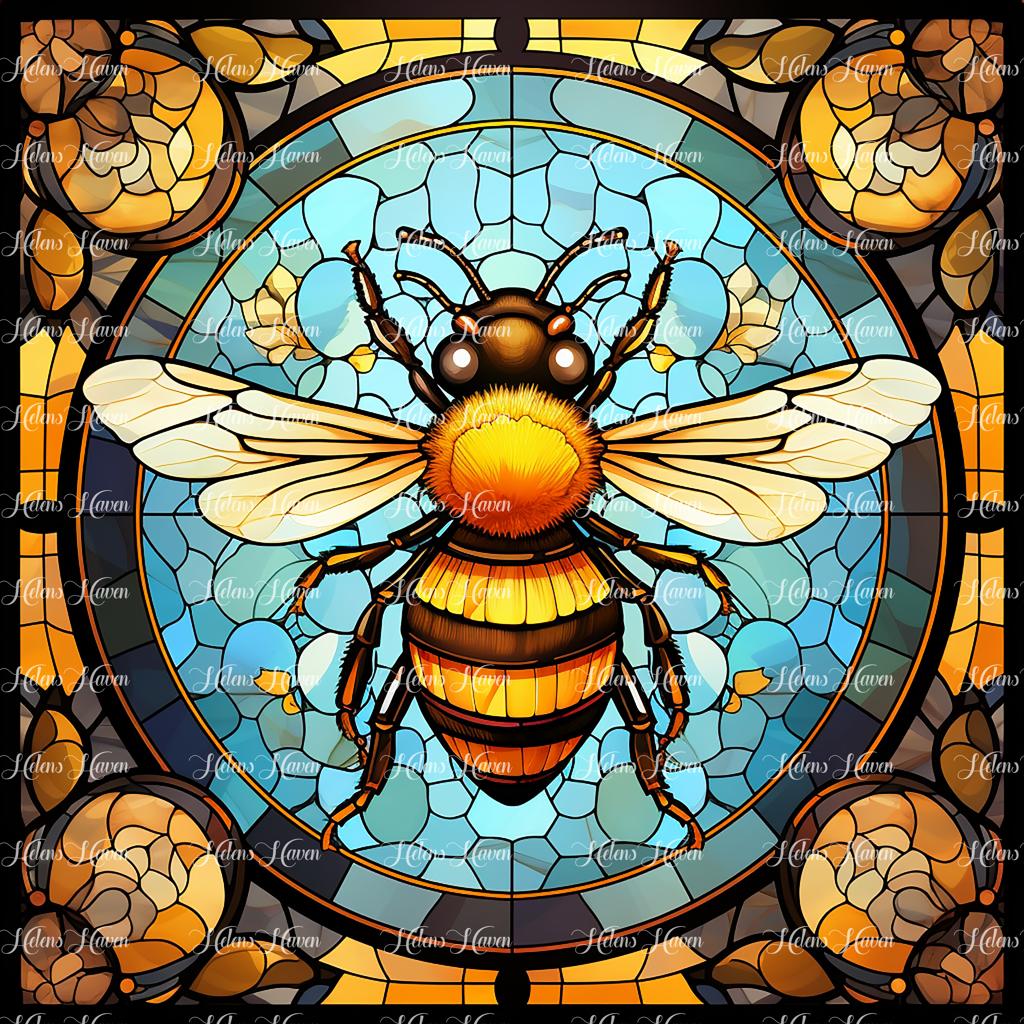 A stained glass bumble bee shines brilliantly with bold hues of yellow and deep black