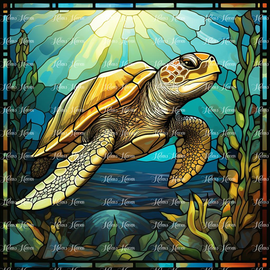 A stained glass turtle features a stunning mosaic of vibrant greens and rich browns