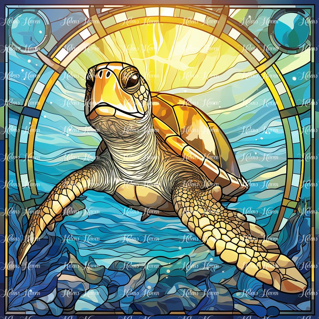 A stained glass depiction of a turtle of the deep features deep blues and vibrant greens