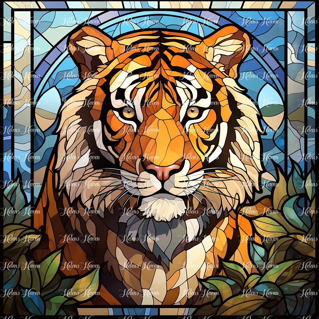 A stained glass tiger radiates with a vibrant blend of oranges, blacks, and whites,