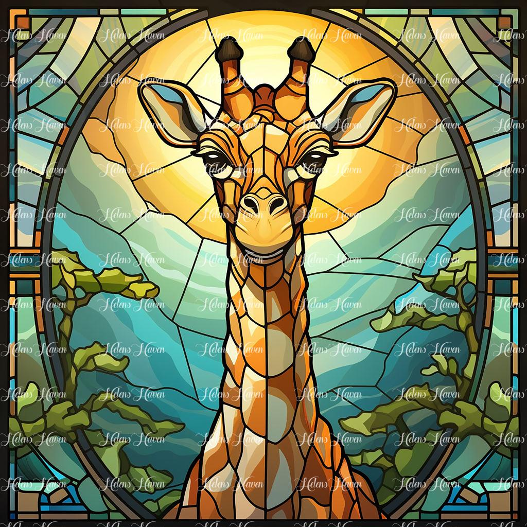 A stained glass giraffe showcases a stunning mosaic of warm yellows, rich browns, and earthy oranges