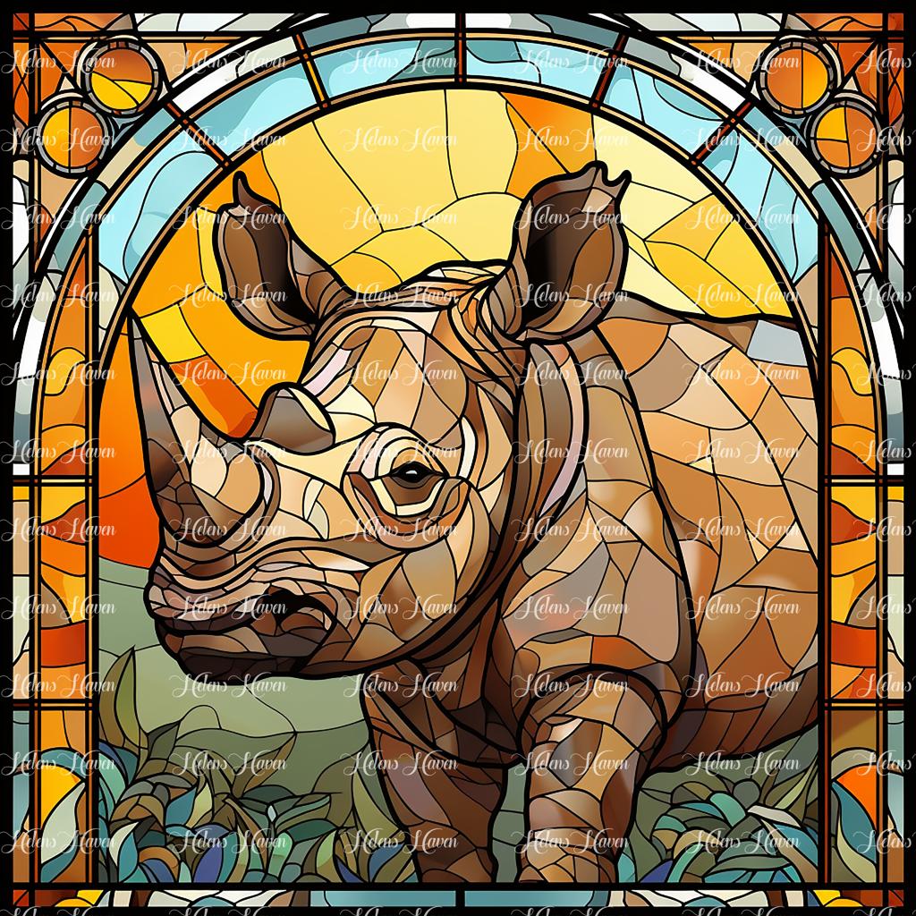 A stained glass rhino exhibits a striking combination of grays, browns, and blacks, capturing the rugged beauty of this magnificent creature.