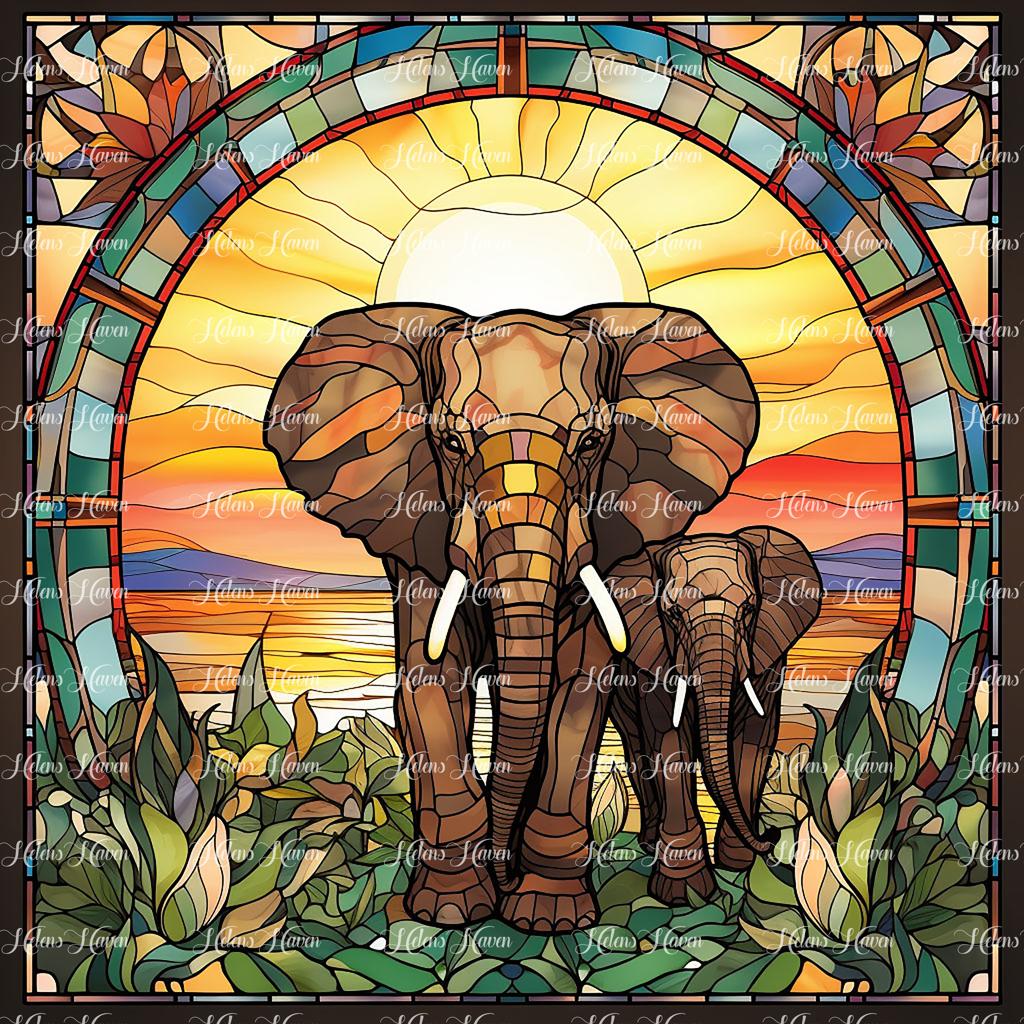 In a stained glass tableau, an elephant mother and her baby are depicted with tender grace